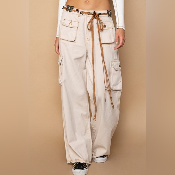 POL Pants - POL Slouchy Almond Cream Cargo Pocket Pants with Elastic Waist